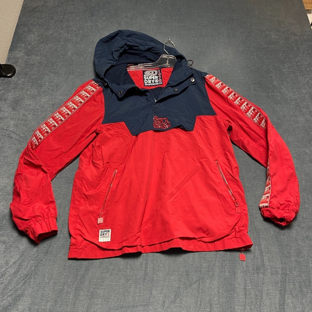 Superdry 90's Colour Block Overhead Jacket Mens L Red Blue Long Sleeve 1/4 Zip
